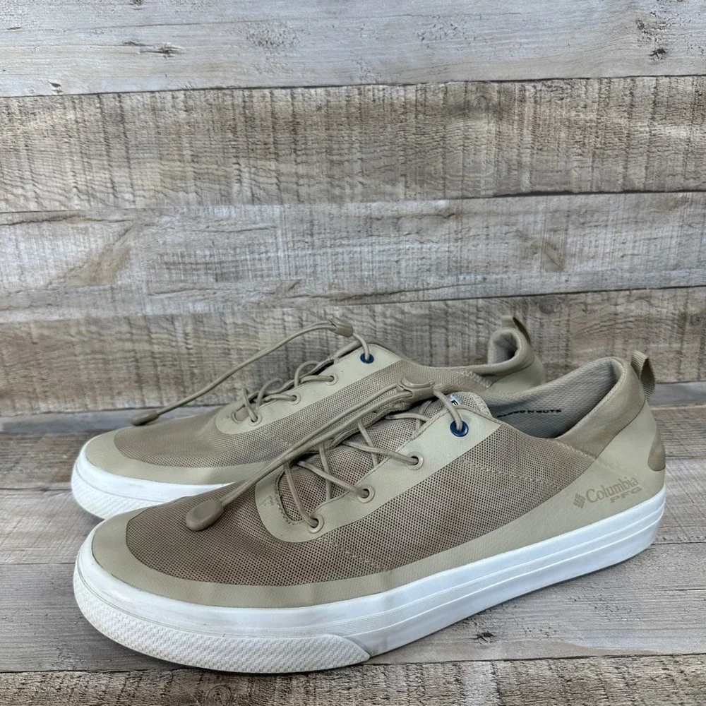 Columbia PFG Dorado CVO Mens Fishing Boat Shoes sz 13 Fossil Tan Mesh Bungee tie